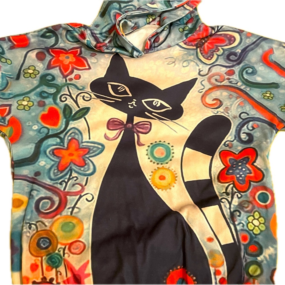 NWOT Multi Color, Wearable Art, Cool Cat Hooded Floral Sweatshirt. Women Sm